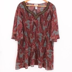 Catherines Paisley Beaded V Neck Tunic Top Micro Pleat Short Sleeve Plus Size 2X